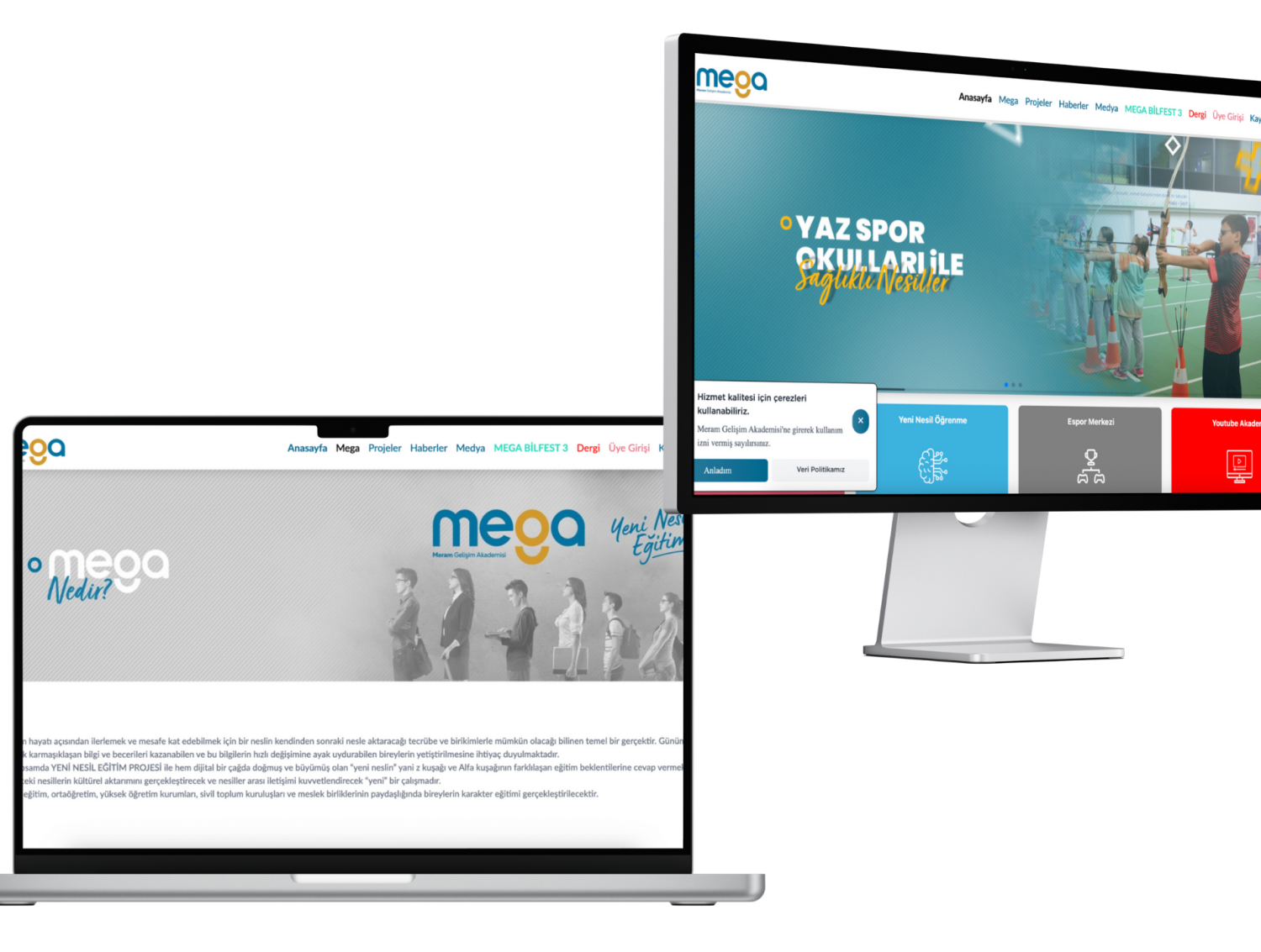Meram Gelişim Akademi için hazırlanan web sitesine ait masaüstü ekran görüntüsü; kurumsal kimlik sayfası ve eğitim içeriklerinin yönetildiği panel arayüzüyle birlikte.