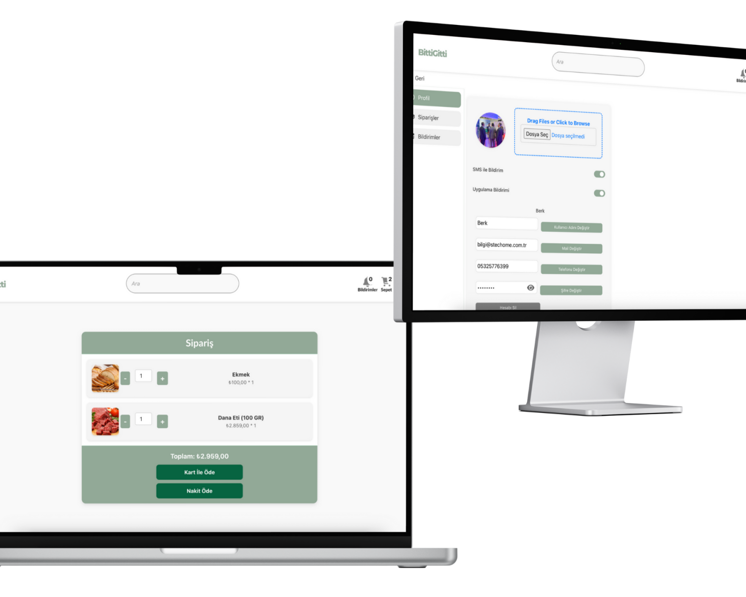 BittiGitti web platformu için geliştirilen online alışveriş arayüzü; sipariş ekranı, sepet detayları ve kullanıcı profili yönetim paneli ekranlarıyla birlikte.